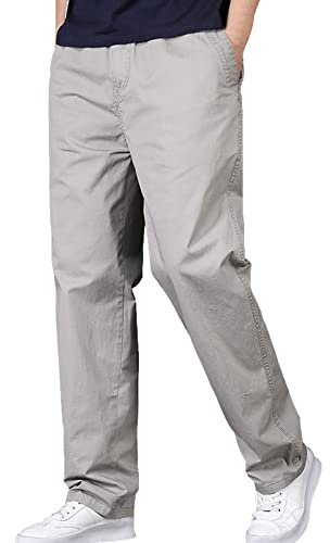Jamron Herr rak passform elastisk midja casual chinos byxor bomull arbetsbyxor med 4 fickor, Ljusgrå, M