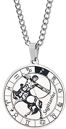 HIJONES Mens Stainless Steel Round Coin Zodiac Constellation Pendant Necklace Amulet Necklace for Women Men Gift Sagittarius