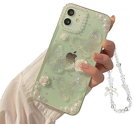 Ownest Kompatibel med iPhone 13 Mini 3D-fjäril blommig klar med design estetiska kvinnor tonårstjejer glitter kristall glittrande söt flickaktigt telefonfodral iPhone 13 mini skyddande fodral +
