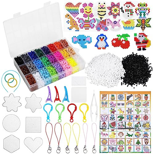 Bügelperlen Set 24 Farben, 7300 Stück Steckperlen maxi set ab 3 jahre Mädchen Jungen, mit Aufbewahrungsbox, Bügelperlen Platten, DIY Gestalten von Schmuck, Deko, 3d Kinder Geschenk Bastelideen