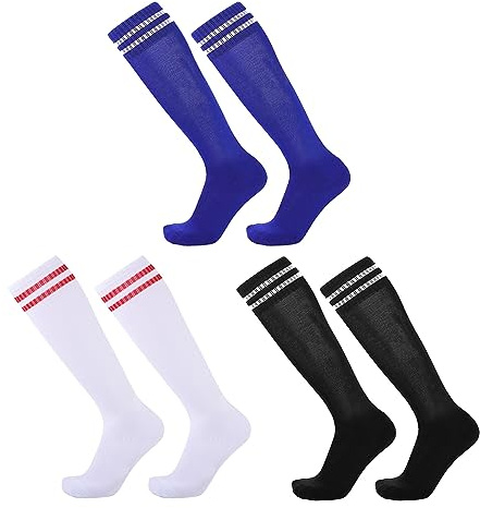 SKHAOVS 3 Paia Calzettoni Calcio Lunghi per Bambino Calzini Sportivi Alti Ginocchio Calzini da Basket Rugby Hockey, Calzini da Allenamento Elasticizzati Traspiranti per 5-12 Anni (White,Blue,Black)