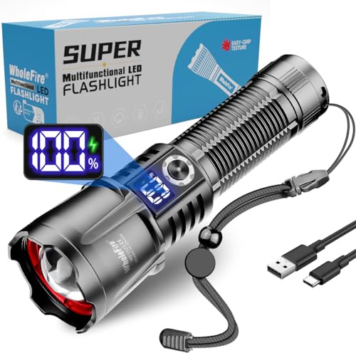 WholeFire LED Taschenlampe Aufladbar 150000 lumen, LCD-Display, Einstellbar Fokus Wasserdicht Taschenlampe Batteriebetrieben, 5 Modi Starke Taschenlampen für Outdoor Notfäll