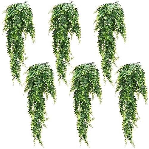 SINJEUN 6 Pack Artificial Hanging Plants, Wall Hanging Faux Plants Indoor Outdoor Fake Plastic Persian Leaves Rattan Decoration for Bedroom Living Room Garden Corridor Decor 90cm / 35.43 Inch