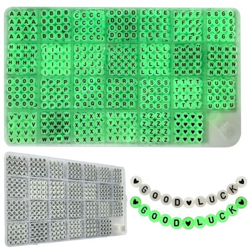 Lnvision 1400 Stücke Alphabet Buchstaben Perlen A-Z Herz Perlen 4x7mm Runde Acryl und Kristall Linie für Schmuck Machen Glühen im Dunkeln