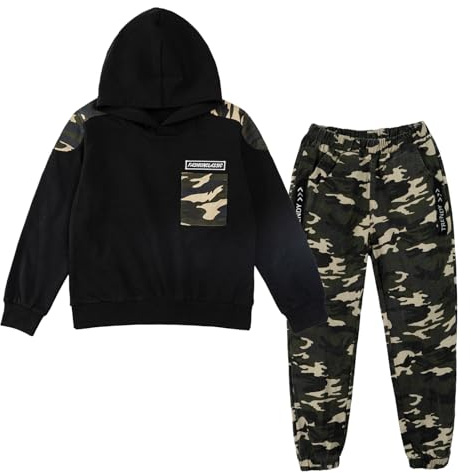 LOLANTA 2PCS Tuta da Ginnastica per Bambini Felpa per Ragazzi Top con Cappuccio e Pantaloni da Cargo Mimetici, Nero, 6-7 anni, 130