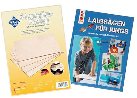 Pebaro 327/BUCH - 4 Laubsägeplatten aus Birkensperrholz, inkl. Laubsägebuch mit kreativen Ideen zum Laubsägen