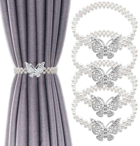 4 Stück Vorhang Raffhalter, Kreative Raffhalter für Vorhänge, Elastisches Seil Gardinenhalter, Perlenperle Schnallen Gardinen Raffhalter, Verstellbare, für Haus Dekoration Cafe Büro (Silber)