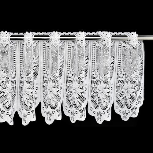 Molaxhome White Short Lace Cafe Valance,Semi Sheer Window Decor for Kitchen Cafe Dinning Bath Room (White-05, 160 x 30 cm)
