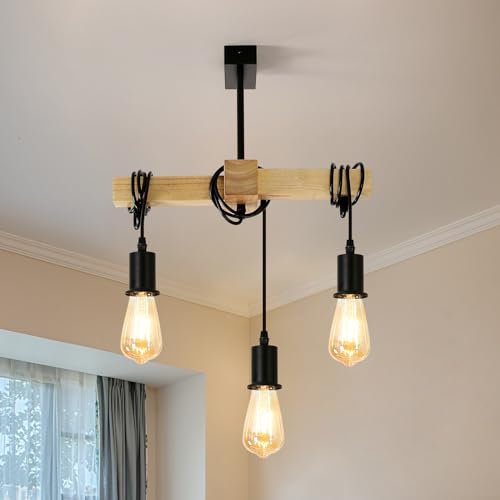 Pheashine Suspension Luminaire Industrielle, Suspensionen Bois et Noir Métal E27, à 3 Lampe Réglable Lustre Suspension Vintage pour Salon Cuisine Chambre à Coucher (ampoule non incluse)