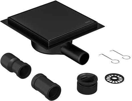 Neodrain Duschrinne Quadrat 360° Siphon Edelstahl Bodenablauf Schwarz mit Geruchsstop, Haarfilter und Ablaufadapter 2 in1 Befliesbar Ablaufrinne Duschablauf, 15 x 15 cm