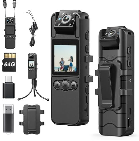 BOBLOV A26 Mini Body Camera 64GB with Rotation Lens, Tripod, 1080P Small Body Cams with Night Vision, 6 Hrs Video Recording, Personal Body Worn Camera for Service, Delivery Recording, Collect Evidence