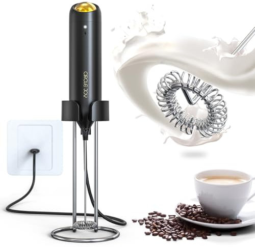 CIRCLE JOY Frullino Montalatte Elettrico Cappuccino Ricaricabile Schiumatore Latte con Supporto a Parete in Acciaio Inox 2-in-1 per Caffè, Latte e Cappuccino