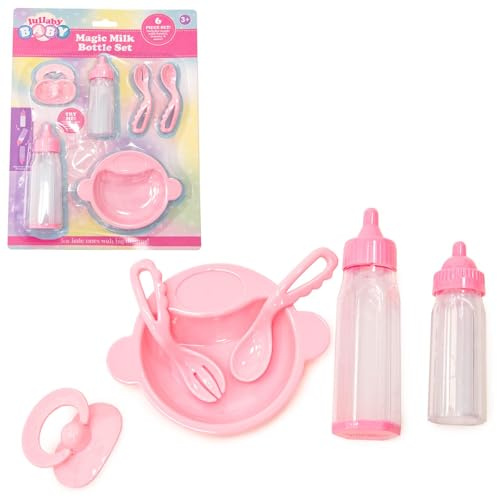 Lullaby Baby 6 Piece Baby Doll Accessories Set | Baby Doll Accessories Includes 2 Magic Milk Bottles, Feeding Bowl, Cutlery and a Dummy
