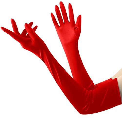 1 Paar Lange Handschuhe Damen,Rote Handschuhe Lang Kostüm,Red Gloves,Halloween Handschuhe Teufel Accessoires,Elegant Brauthandschuhe für 1920er Party Abendhandschuhe,Bühnenhandschuhe,Opernhandschuhe