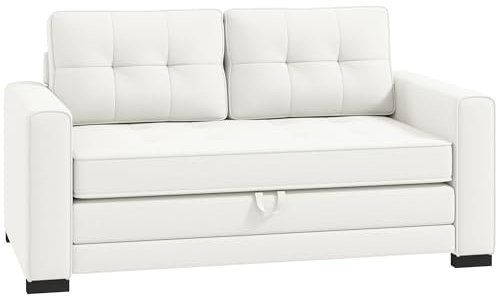 HOMCOM Canapé Convertible 2 Places canapé-lit avec Dossier capitonné, Coussins et Matelas Pliable au Sol, canapé en Tissu Effet Lin pour Salon, Chambre d'amis, 147,5 x 75 x 85 cm, Blanc