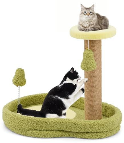 COSTWAY klösbräda liten, 50cm hög, katträd i avokadolook, kattklösbräda med kattbädd & fjäderleksak & sisalklösbräda, kattmöbel klätterträd, aktivitetsträd lekträd