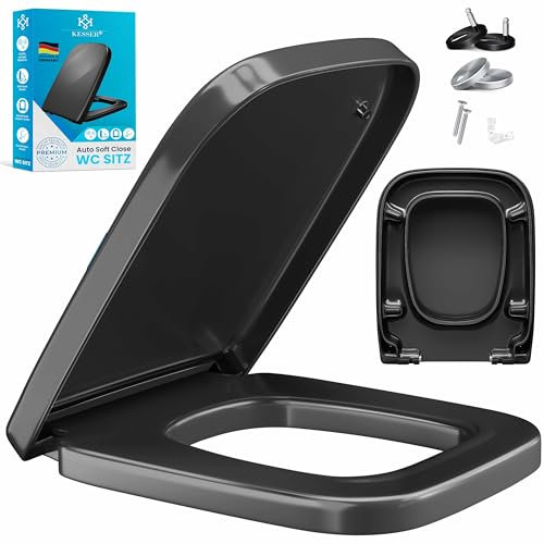 KESSER® Asiento de inodoro con descenso automático, función de liberación rápida y cierre suave, fácil montaje, tapa de inodoro de Duroplast con fijación de acero inoxidable, asiento WC forma E, negro