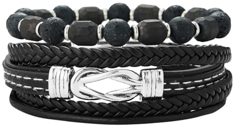 Dazylleco Set di Bracciale Uomo Pelle Nero Bracciale Perline Multistrato con Chiusura Magnetica Gioielli Uomo Regalo Festa Del Papà(83-Nodo)