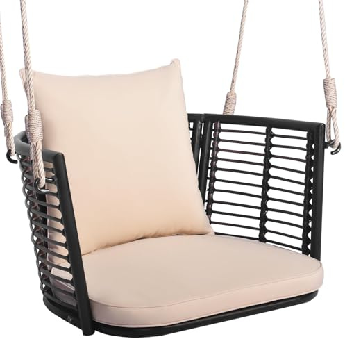 FANTASK Siège Suspendu, avec Cordes de Suspension, Coussins et Cadre en métal, Fauteuil Suspendu en rotin, Fauteuil à Bascule pouvant Supporter jusqu'à 180 kg, Fauteuil à Bascule pour véranda, Jardin