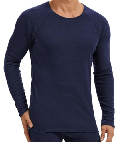 AMZSPORT Camiseta Termica Hombre de Manga Larga Cálida Interior Cuello Redondo Capa Base, Azul Marino L
