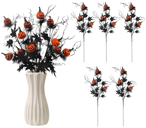 CATCHLUCK Bouquet di fiori artificiali per Halloween, decorazione di Halloween, mini zucca con fiori neri, feste di Halloween, in plastica, decorazione per la casa