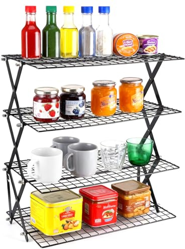 4-Tier Collapsible Cooling Rack, Stainless Steel Oven Rack with Fine Mesh | Heavy Duty Foldable Baking Rack for Cookies, Cakes, Roasting & Grilling, Dishwasher Safe, Fits Standard UK Oven