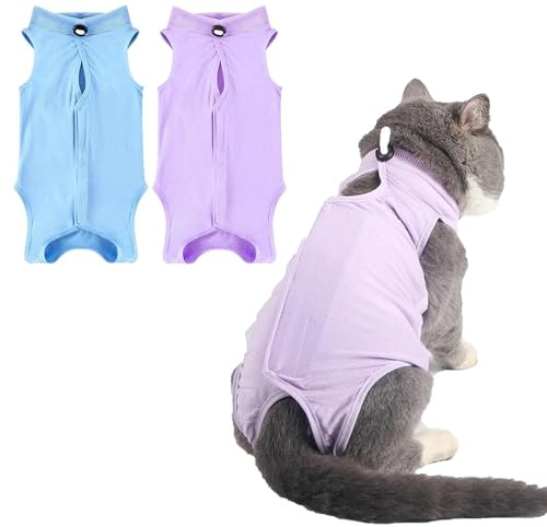 2 Pezzi Recovery Suit,Body Post Operatorio Gatto,Impedire Leccare Tuta professionale per degenza per gatti ideale per ferite addominali o malattie (M, Viola + Blu)