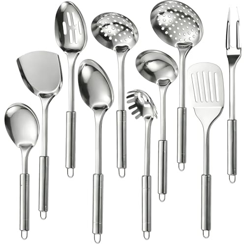 QWFHOME Juego de utensilios de cocina 10 piezas,Juego de utensilios de cocina acero inoxidable para herramientas de cocina de alta resistencia, accesorios de cocina esenciales para el hogar（Espesado)