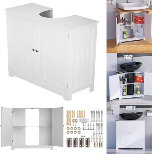 Bathroom Under Sink Cabinet Floor Mounted Storage Cabinet/Stylish and Elegant/Multi Functional/Easy to Assemble, U-Shaped Opening Design, Double Door, Adjustable Shelf Storage Cabinet-White