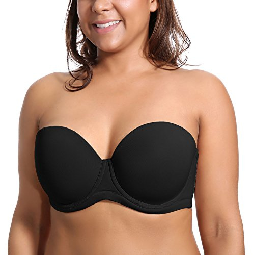 DELIMIRA Donna Reggiseno Senza Spalline Push Up Invisibile Taglie Forti Multiuso con Ferretto Coppe Modellate Nero 6C