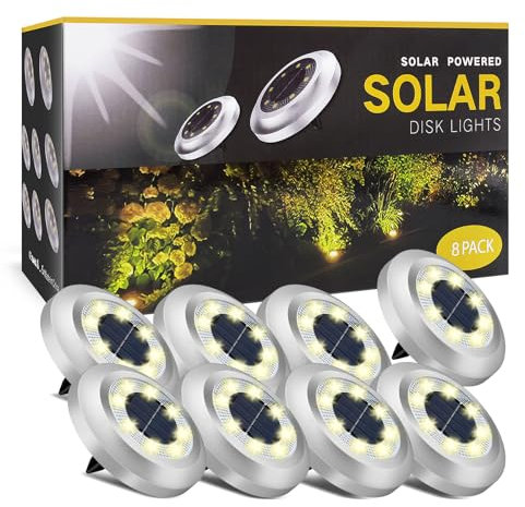 ZFITEI 8 Pack Solar Ground Lights Outdoor,8 LED Solar Garden Lights with 600mAh Battery & 8H Runtime for Lawn,Pathway（Warm White ）