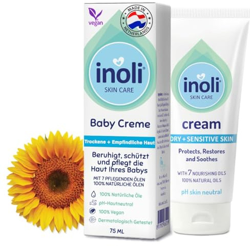 Inoli Crema Hidratante para Bebés | pH Neutro para la Piel | Piel Seca & Sensible | Con 7 Aceites Naturales: Cera de Abeja, Girasol, Nuez de Albaricoque, Jojoba, Aceite Vegetal & Vitamina E | 75 ml