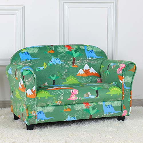 PWTJ Kid Sofa Chair,2-Seater Upholstered Kid Couch with Dinosaur Pattern Velvet Fabric for Children(Green)