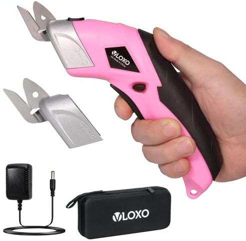 VLOXO Ciseaux Électriques Sans Fil, Ciseaux Electrique Tissu Couture avec 2 Lames, Electric Scissors pour Coupe Tissu, Carton, Cuir, Tapis, Papier, Artisanat et Bricolage – Rose