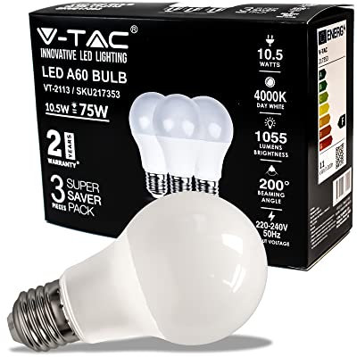 V-TAC Lampadina LED con Attacco E27 10,5W (Equivalenti a 75W) A60-1055 Lumen - Lampadina LED Massima Efficienza e Risparmio Energetico - Luce 4000K Bianca Naturale (Box 3 pezzi)