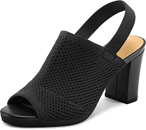 mysoft Women's Knit Chunky Block High Heels Elastic Slingback Open Toe 3 Inch Heeled Sandals,Black,8 US