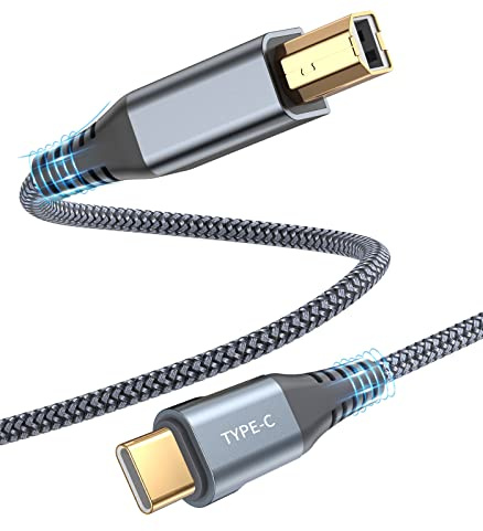 sweguard USB B to USB C Printer Cable 15ft, High Speed Nylon Braided USB C Printer Cord MIDI Cable for MacBook Pro, HP, Epson, Canon, Brother, Lexmark, Xerox Printers and Scanner, DAC to iPad - Grey