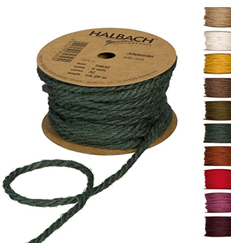 Halbach Seidenbänder Premium Juteschnur | Breite: 5mm Länge: 20m | Juteseil für Dekorationen, Jutekordel aus 100% natürlicher Jute für Garten und Geschenkverpackungen, Farbe: Tannengrün