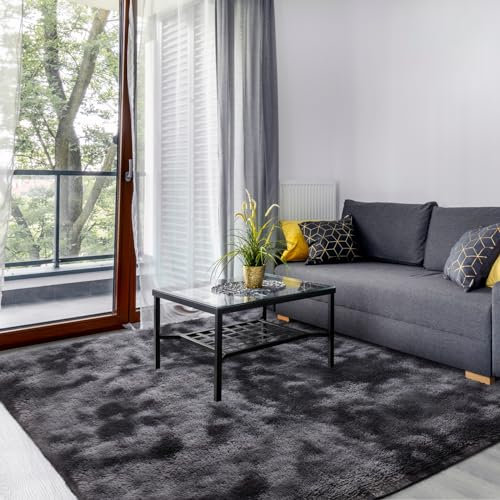 SOANNY Hochflor Wohnzimmer Teppich Moderne, Waschbar Anti-Rutsch, Flauschige Langflor Shaggy Teppich für Schlafzimmer & Kinderzimmer Bettvorleger Matte, 120x180 cm, Dunkelgrau