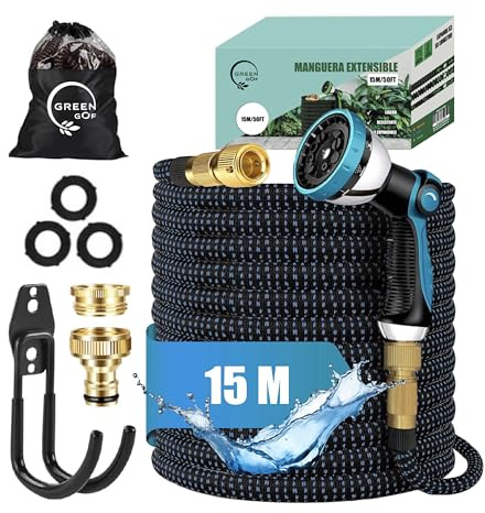 GREENGOF Manguera de Jardín Premium 15 Metros - Boquilla de Pulverización de 10 funciones, Ligera y Extensible - Conectores de Latón y Alta Resistencia con Núcleo de Látex - Color Azul.