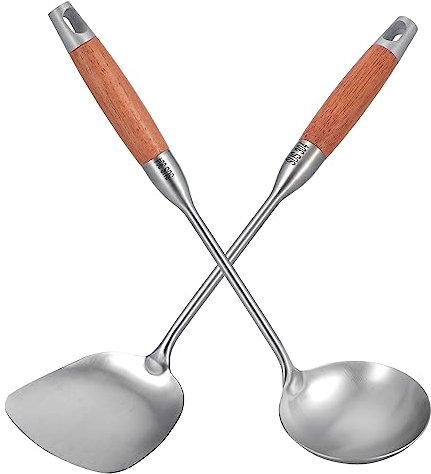 Coolty 2 Stück Wok Pfannenwender und Suppenkelle mit Langem Hitzebeständigem Holzgriff 304 Edelstahl Küchenhelfer Set