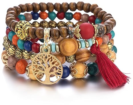 Sternstunde 4 Stück Boho Armbänder Damen, Chakra Armband für Frauen, Schmuck Boho Armreifen mit Holzperlen und Quaste, Chakra Armband, Lebensbaum-Charm, Liebe, Statement-Armreifen (A)