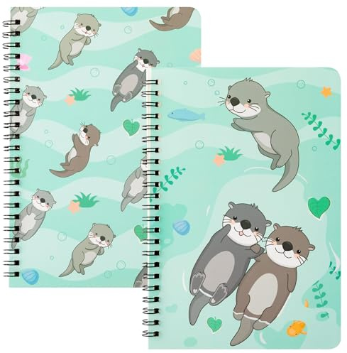L1rabe 2 A5 Otter Spiral Notebooks Back to School Funny Otter College Ruled Hardcover Notepads Exercise Books Travel Journal Diary for Students Teachers Kids Teens Birthday Holiday Gifts