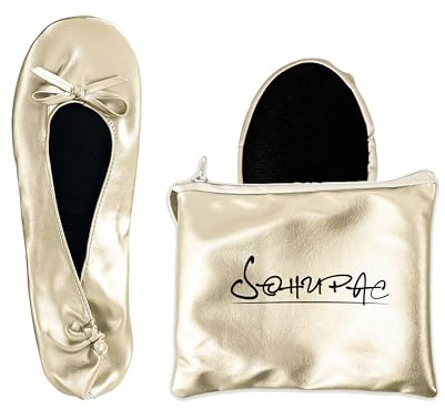 Zapatos planos plegables para mujer, zapatos planos de ballet portátiles enrollables con bolsa de viaje para bailarina de boda, Oro champán, Small Narrow