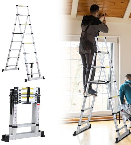 Jopassy 2m+2,3m Teleskopleiter Klappleiter 6+7 Stufen, A-Rahmen Mehrzweckleiter Stehleiter aus Aluminium, Ausziehleiter Trittleiter Leiter für Dachreparaturen