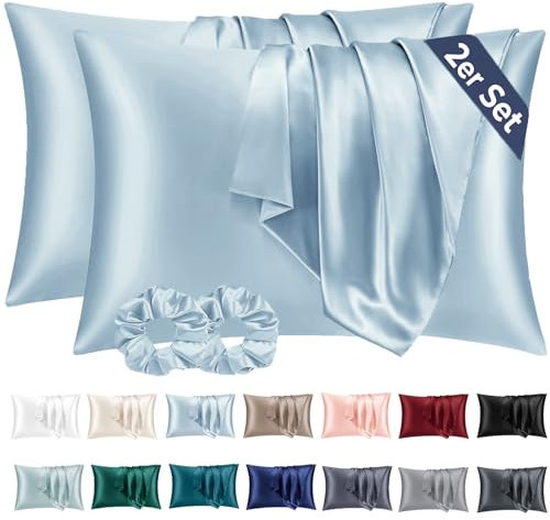 Vielit 2er Set Satin Kissenbezug 50x70 Hellblau, Weich wie Seidenkissenbezug,Bessere Pflege als Silk Pillosecase,Satin Kopfkissenbezug 50x70 Kissenhülle für Haar und Haut mit 2 Haargummis