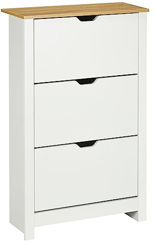 HOMCOM Schuhschrank mit 3 Klappen, Schuhregal, Schuhkipper Schmal mit verstellbar Trennwand, Schuhkommode für 18 Paar Schuhe 72 x 26 x 112 cm, Weiß+Natur