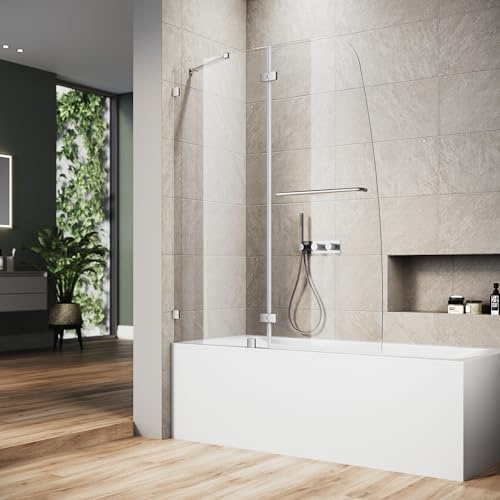 SUNNY SHOWER Tub Shower Door Hinged Tub Screen 5/16 Clear Glass Bathtub Door 48 W x 58 H Pivot Swing Shower Door with Towel Bar, Chrome Finish