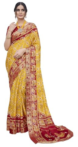 Yashika Sari Magludi de seda estampado para mujer con material de blusa sin costuras, adecuado para todas las ocasiones y festivales indios, Amarillo y rojo, talla única
