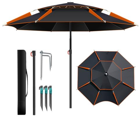 Sombrilla de pesca Exterior Sombrilla de Playa portátil, Parasol Jardín de inclinable Rotación De 360° Protección UV Paraguas, para Junto a la Piscina Cámping(Black orange,ø260cm)